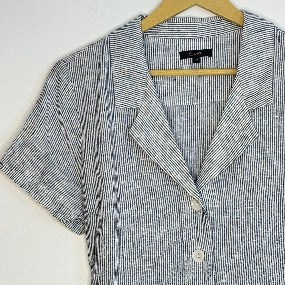 Quince European Linen Button Front Striped Dress Women M Blue Coastal Classic - Picture 5 of 8